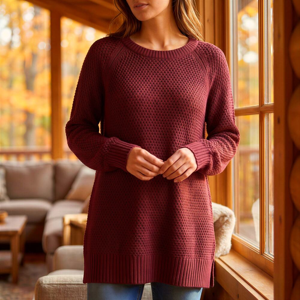 Old Navy Textured Knit Crewneck Tunic Sweater Womens XL Burgundy Cozy Minimalist